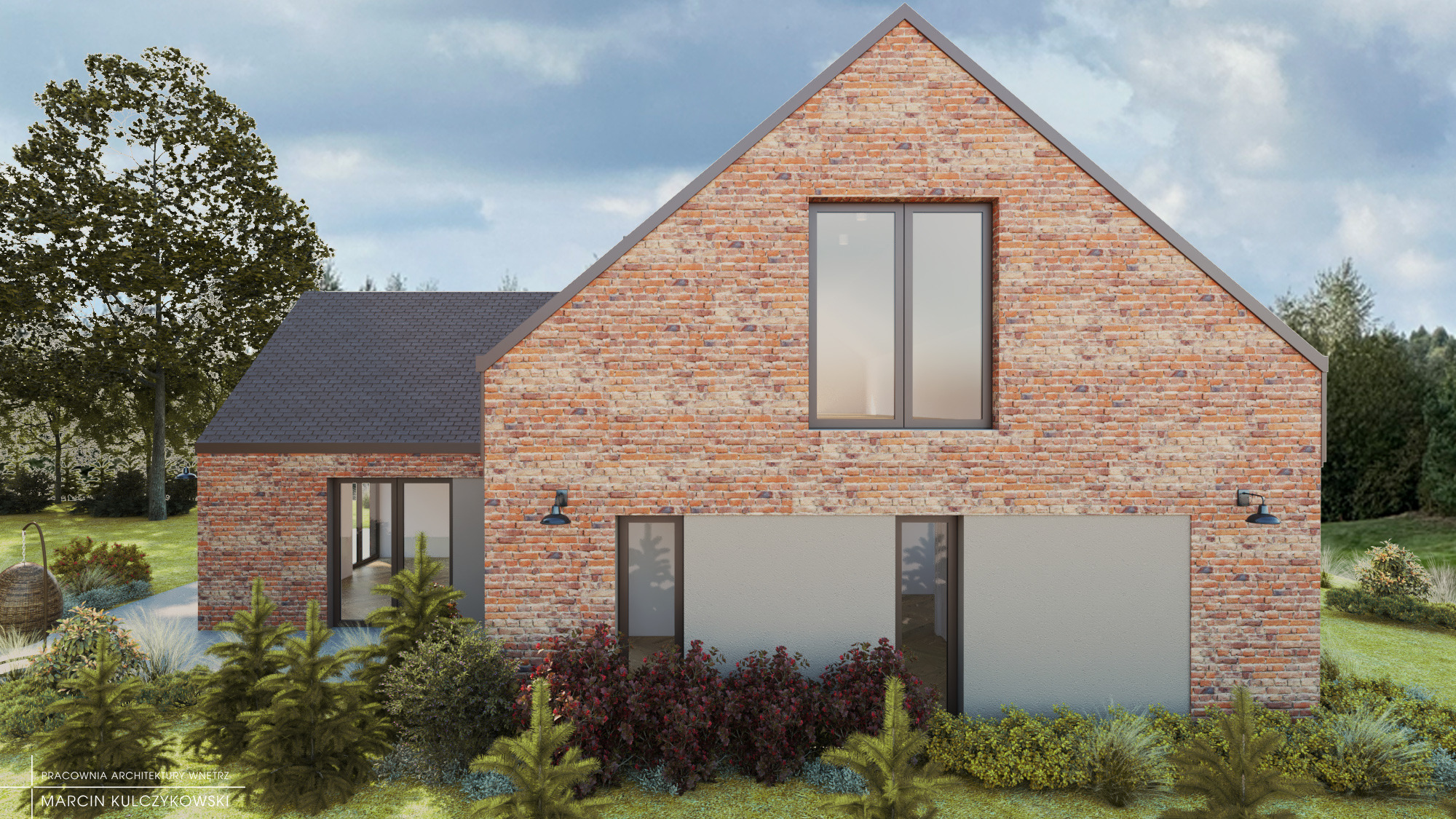 Wizualizacja domu jednorodzinnego z elewacją z czerwonej cegły, szarą stolarką okienną i dachem z ciemnej dachówki, otoczonego zielenią.