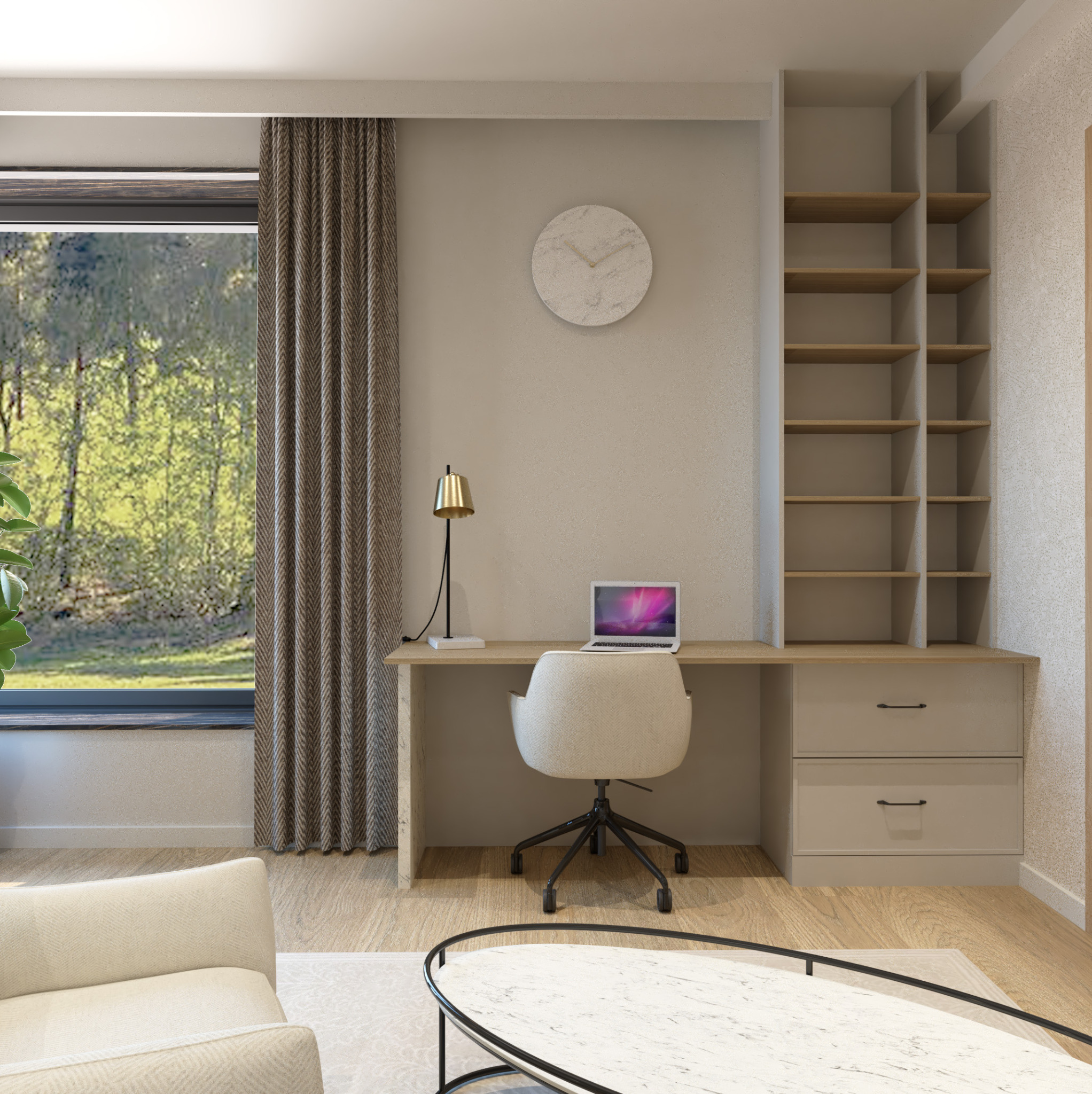 Wizualizacja pokoju z biurkiem wnękowym, krzesłem obrotowym, lampką biurkową i laptopem na tle okna z widokiem na las.