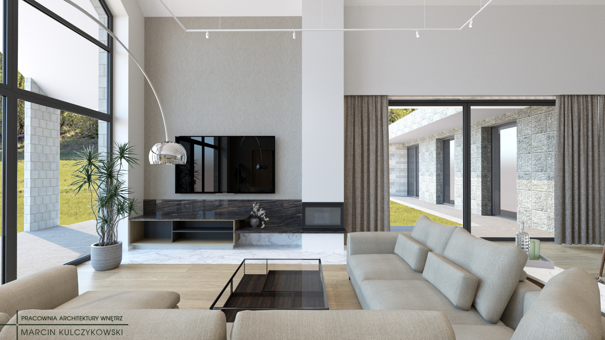 Nowoczesny salon z dużym oknem, marmurową ścianką RTV, szarą sofą i wiszącą lampą w kształcie kuli.