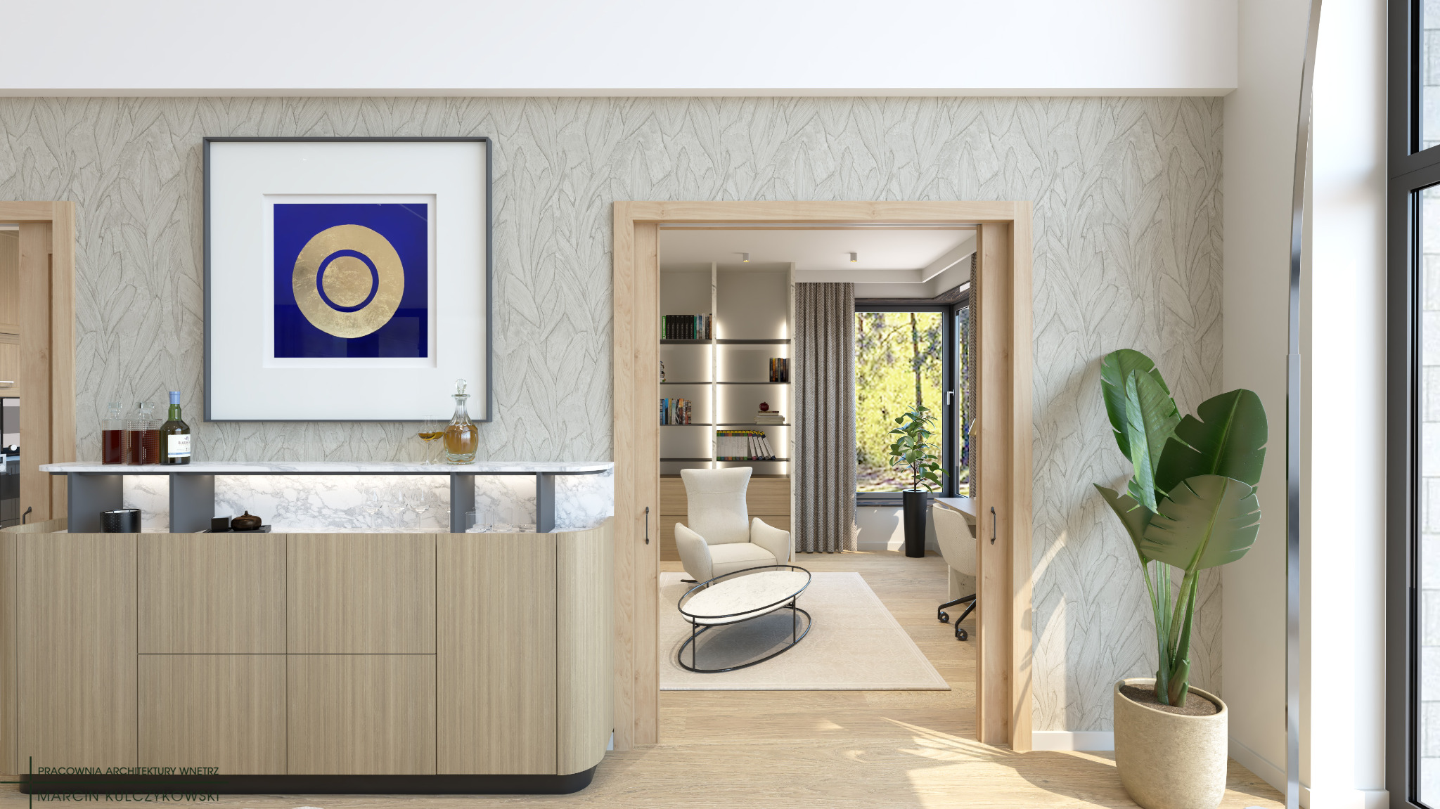 Wnętrze mieszkania z drewnianą komodą zwieńczoną marmurowym blatem, na którym stoją butelki i szkło. Na ścianie wisi obraz z motywem złotych okręgów na niebieskim tle. W tle widoczny pokój...