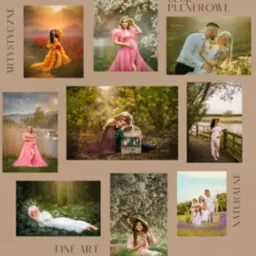 Kompilacja artystycznych zdjęć plenerowych, w tym sesje ciążowe, portrety kobiece w zwiewnych sukniach w otoczeniu natury, sesja narzeczeńska oraz rodzinna.