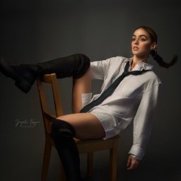 Jagoda Trzyna Photography - Portret kobiety w białej koszuli, czarnym krawacie i wysokich butach, pozującej na drewnianym krześle na szarym tle w studiu.