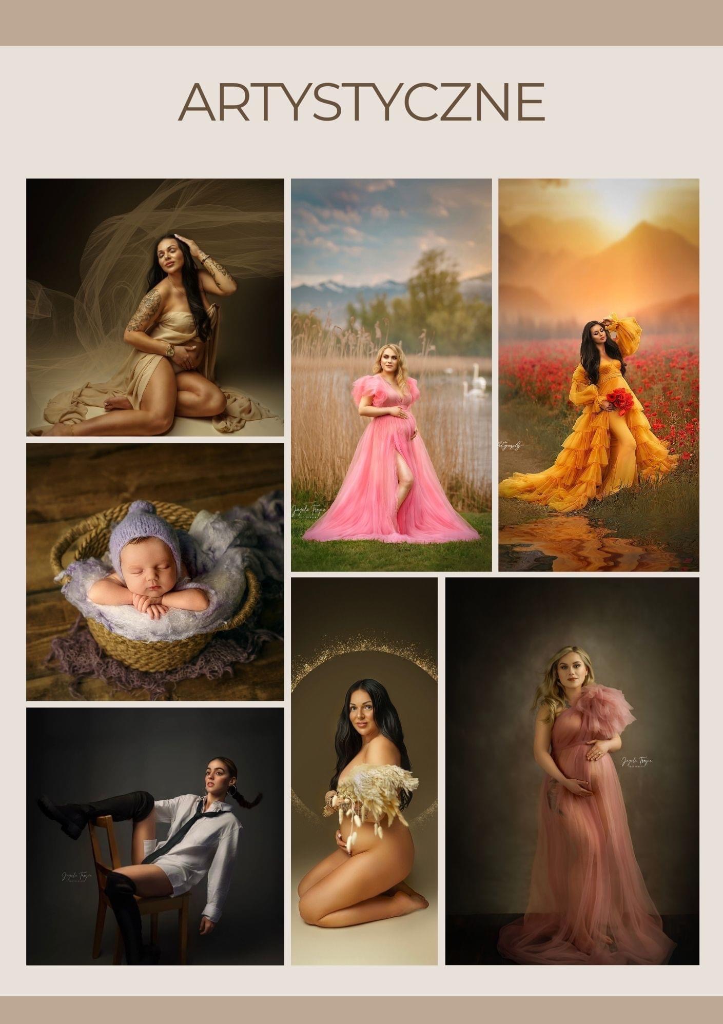 Kolaż artystycznych zdjęć, prezentujący kobiety w ciąży w różnorodnych sceneriach i stylizacjach, od zwiewnych sukien po naturalne ujęcia, oraz noworodka śpiącego w koszyku.