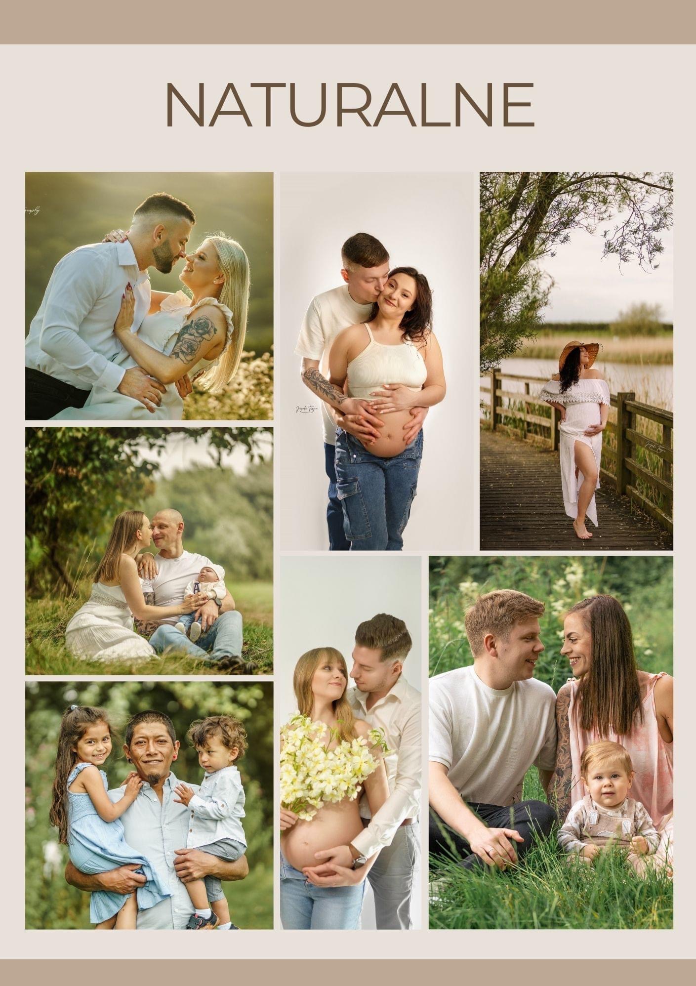 Kolaż z sześciu zdjęć przedstawiających pary i rodziny, w tym kobiety w ciąży, w naturalnych sceneriach i stylizacjach.