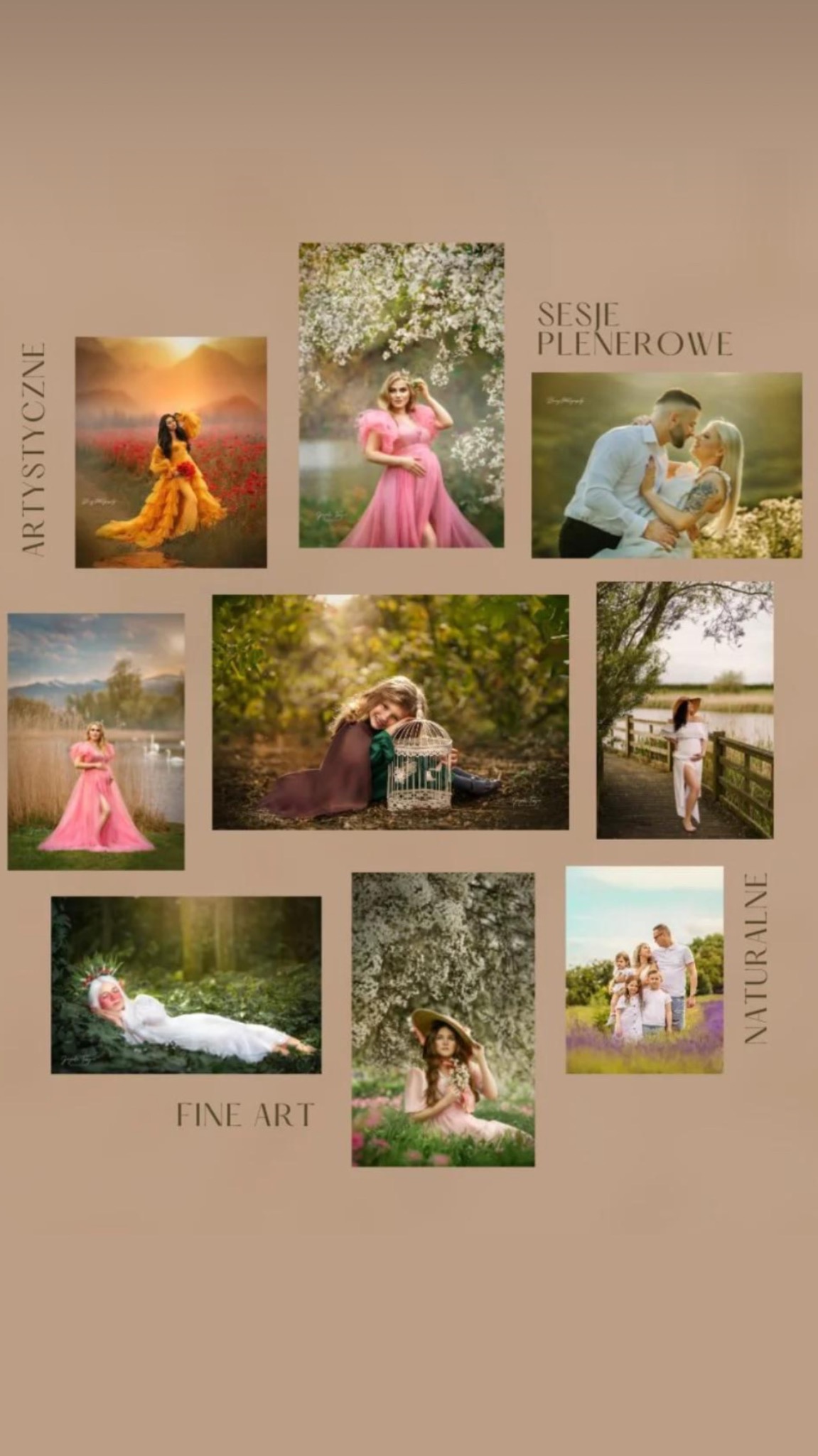 Kompilacja artystycznych zdjęć plenerowych, w tym sesje ciążowe, portrety kobiece w zwiewnych sukniach w otoczeniu natury, sesja narzeczeńska oraz rodzinna.