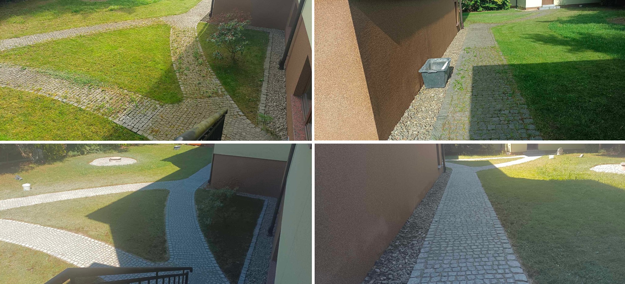 Widok z góry na posesję z ścieżkami z kostki brukowej, trawnikiem i fragmentem elewacji budynku. Na jednym z kadrów widoczne wiadro z resztkami po czyszczeniu.
