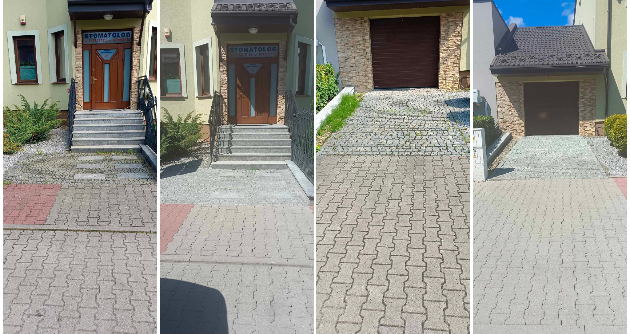 Porównanie kostki brukowej przed i po czyszczeniu, widoczne różnice w kolorze i czystości na czterech różnych fragmentach posesji.