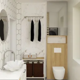 Nowoczesna łazienka z umywalką w kształcie muszli, marmurowymi płytkami i drewnianymi akcentami. W tle widoczna pralka i wieszaki na ubrania.