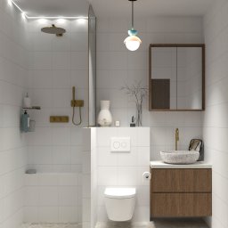 Anna Procner UP Design Interiors - Nowoczesna łazienka z kabiną prysznicową typu walk-in, umywalką z terazzo i szafką z drewnianym fornirem. Minimalistyczny design, białe płytki i beżowa podłoga.