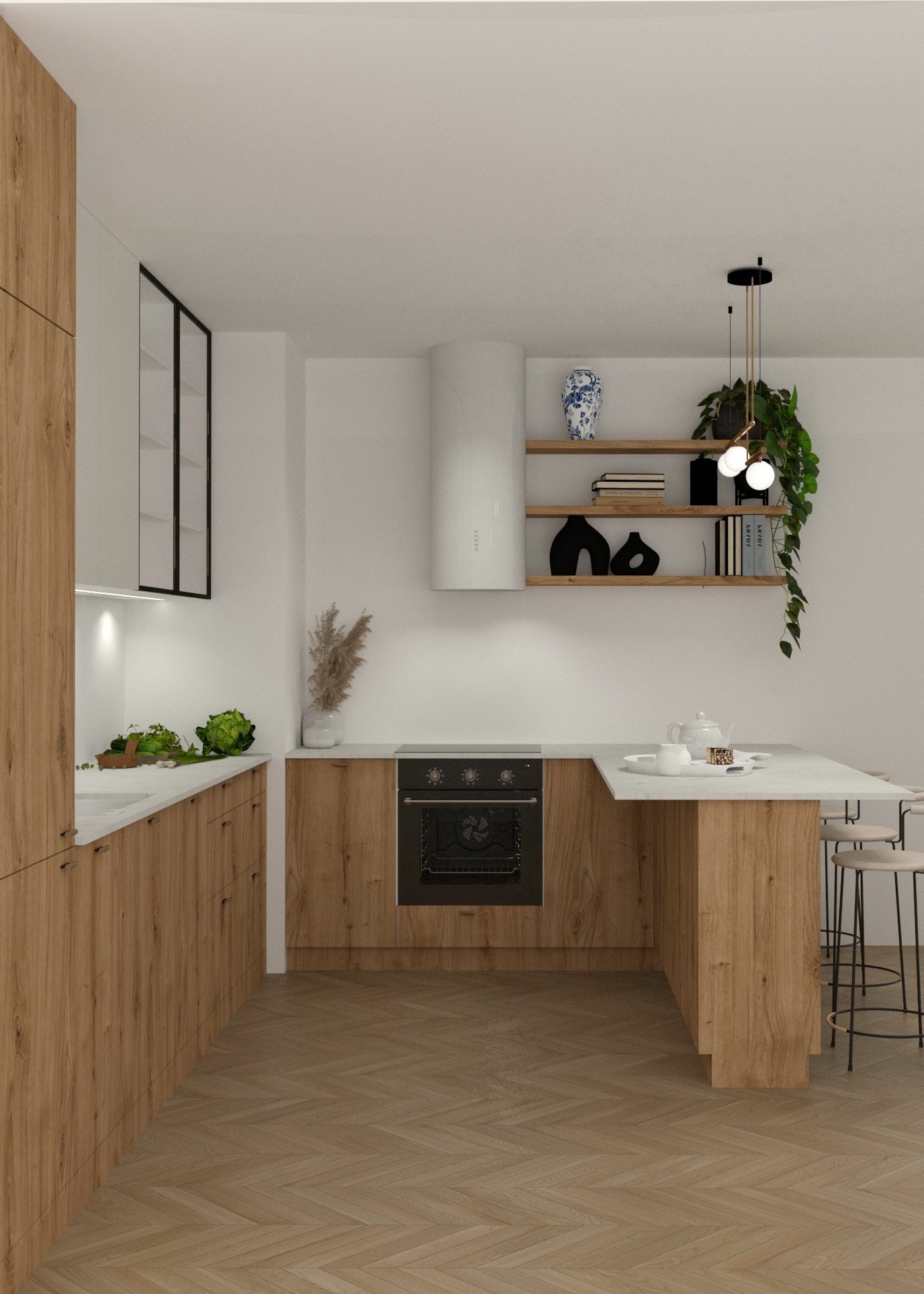 Nowoczesna kuchnia z drewnianymi frontami, wyspą z marmurowym blatem i parkietem w jodełkę. Na półkach dekoracje, a nad wyspą designerskie lampy.