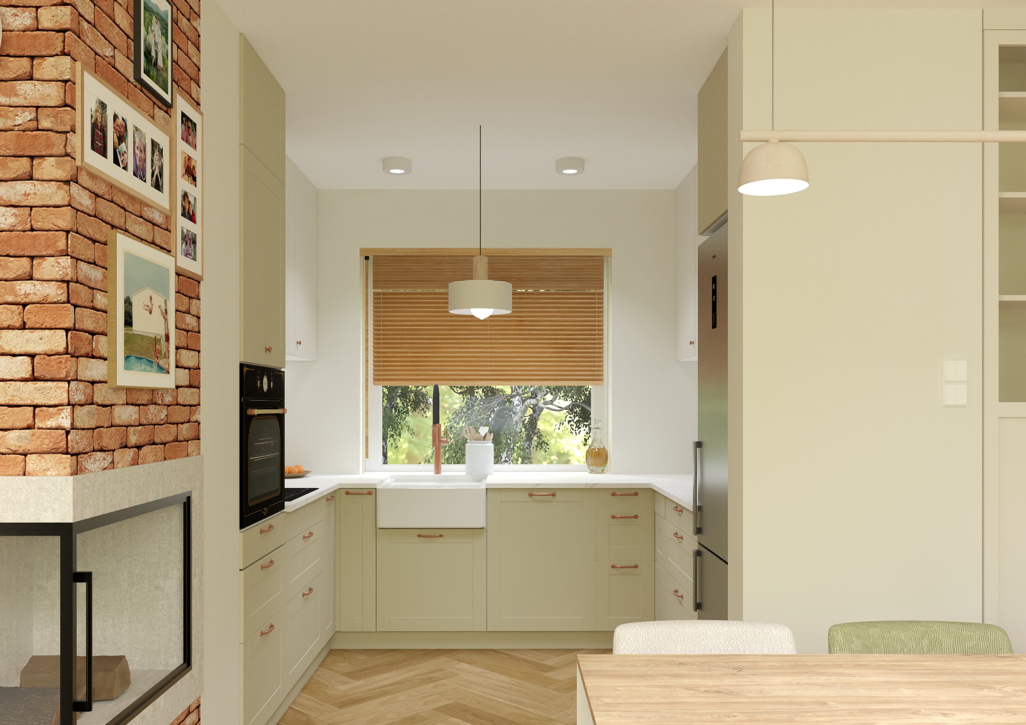 Jasna kuchnia w stylu rustykalnym z ceglaną ścianą i drewnianym blatem stołu. Widoczne okno z żaluzjami i lampa nad stołem. Ustawione zdjęcia na ścianie.