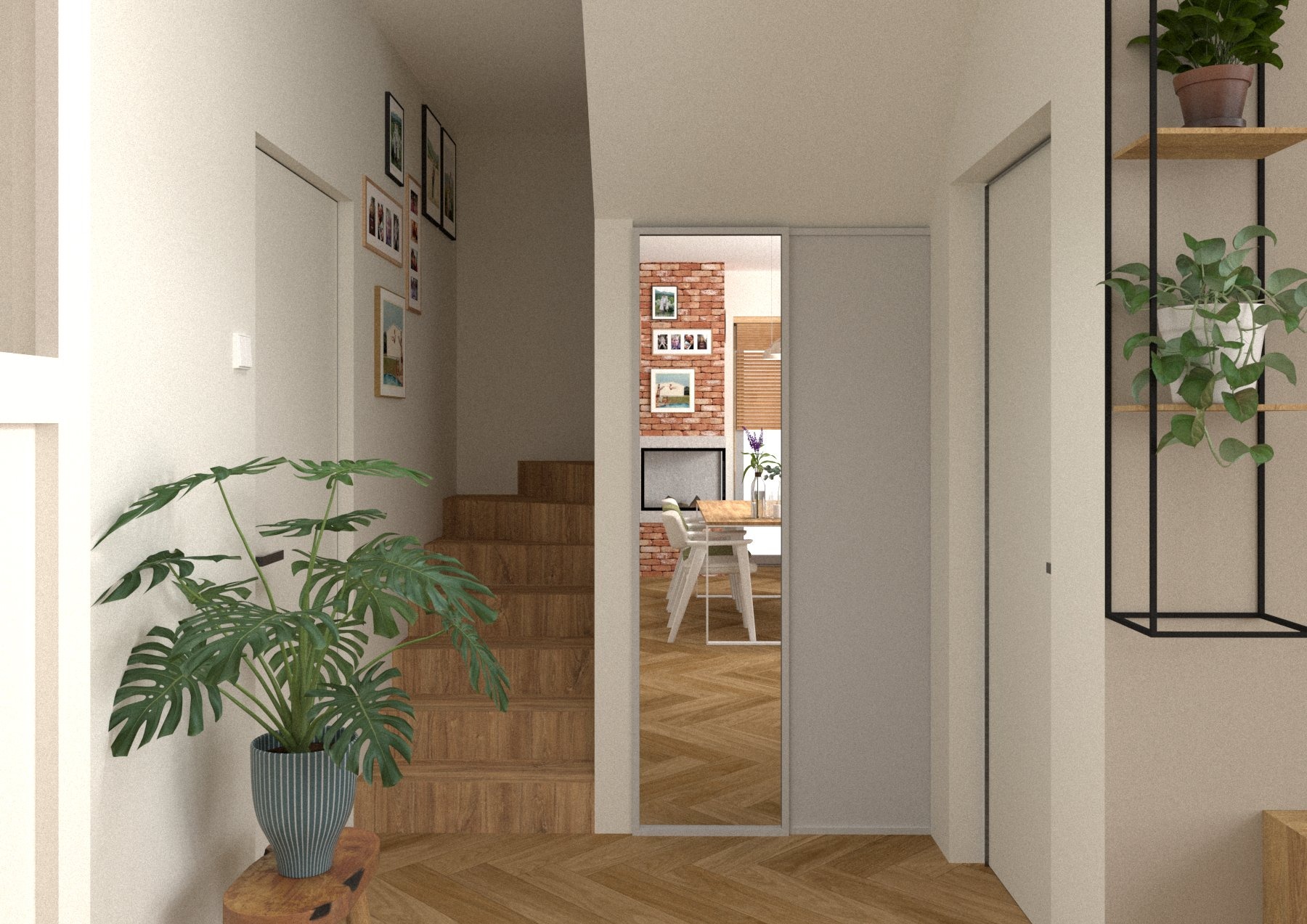 Wnętrze domu: schody z drewna, parkiet w jodełkę, rośliny doniczkowe i przesuwne drzwi, które odsłaniają jadalnię z ceglaną ścianą i kominkiem.