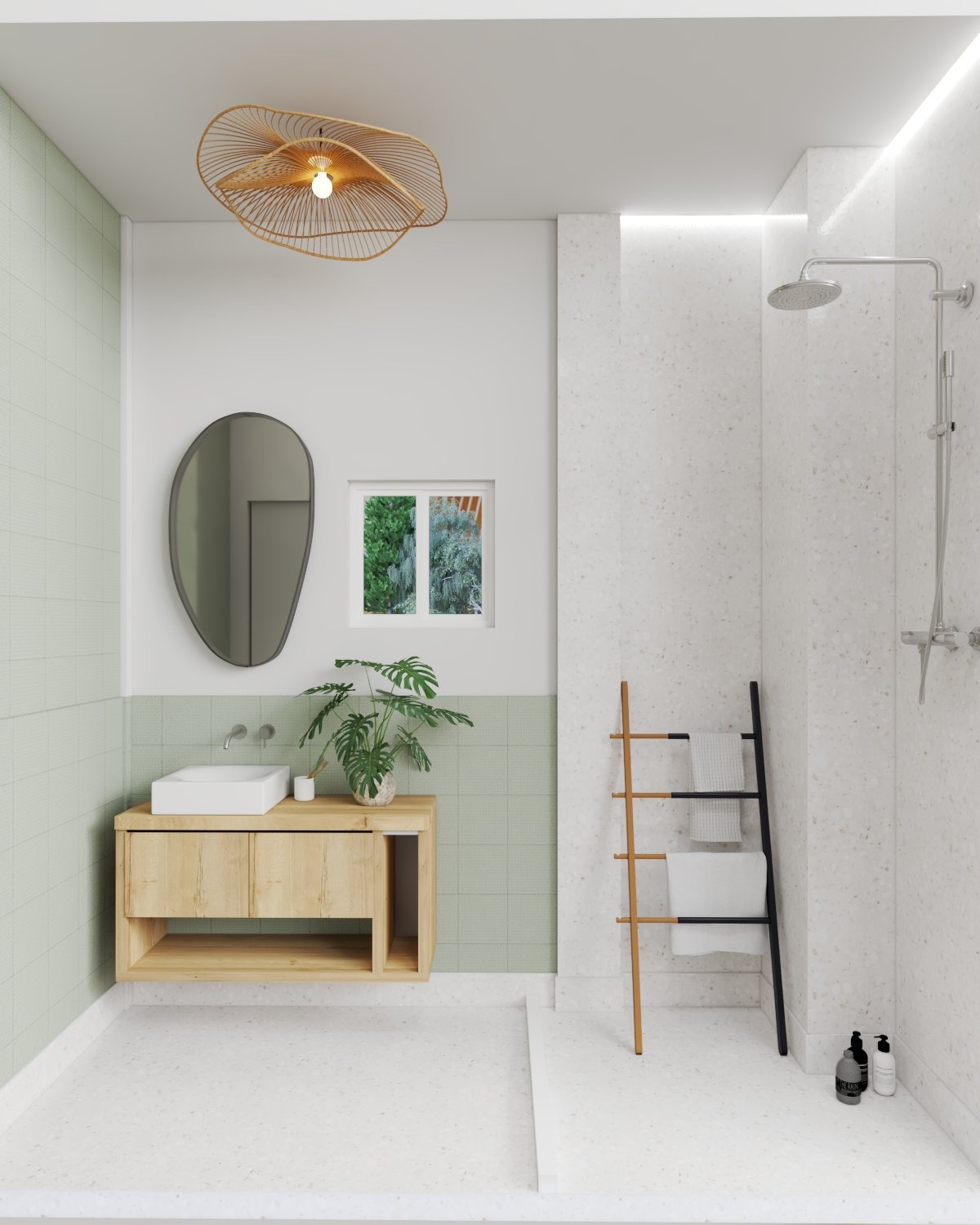 Jasna łazienka z drewnianą szafką pod umywalką, ozdobnym oświetleniem sufitowym i minimalistycznym prysznicem walk-in. Widok na zieleń za oknem.