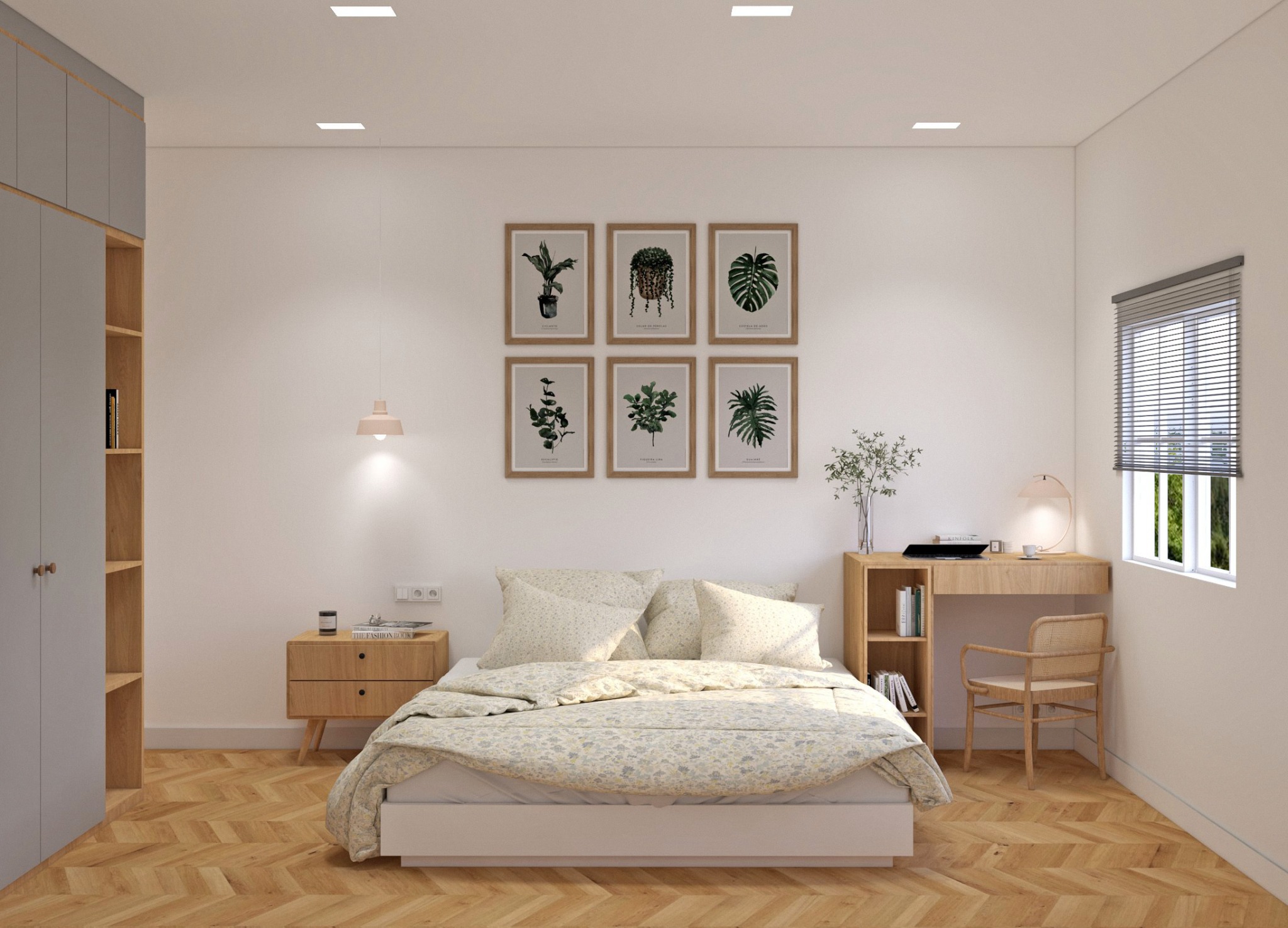 Jasna sypialnia w stylu skandynawskim: drewniana podłoga, białe ściany z botanicznymi grafikami, biurko z krzesłem i szafa w odcieniach szarości. Przytulne i minimalistyczne wnętrze.
