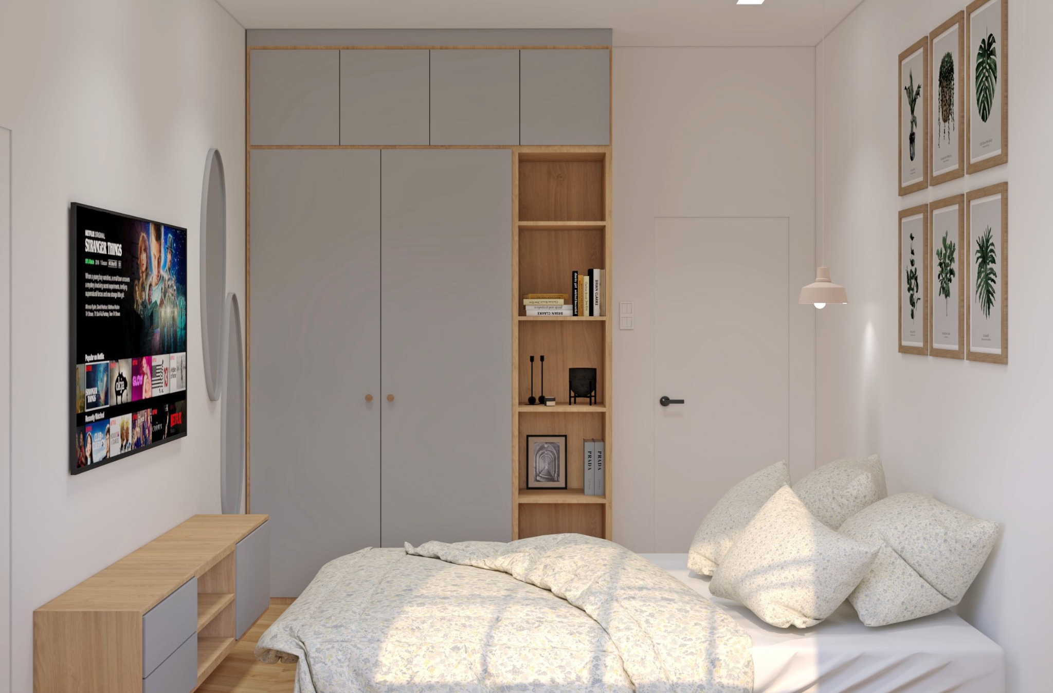 Nowoczesna sypialnia z łóżkiem w kwiatowy wzór, szarą szafą i telewizorem. Na ścianie grafiki z motywem roślinnym. Minimalistyczne oświetlenie i dekoracje.