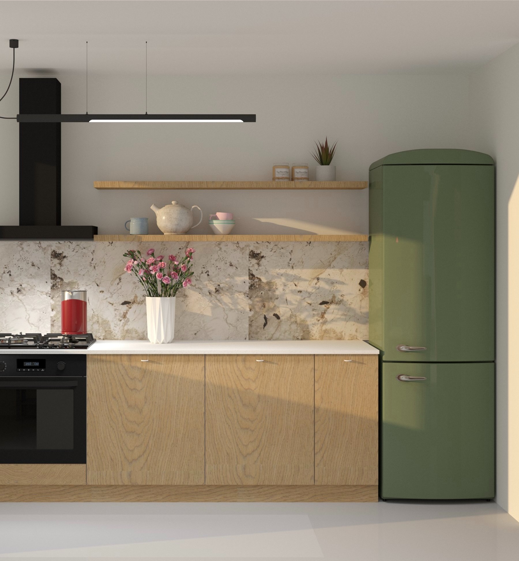 Nowoczesna kuchnia z drewnianymi szafkami, marmurowym backsplash, zieloną lodówką w stylu retro i czarnym okapem. Na blacie wazon z różowymi kwiatami.