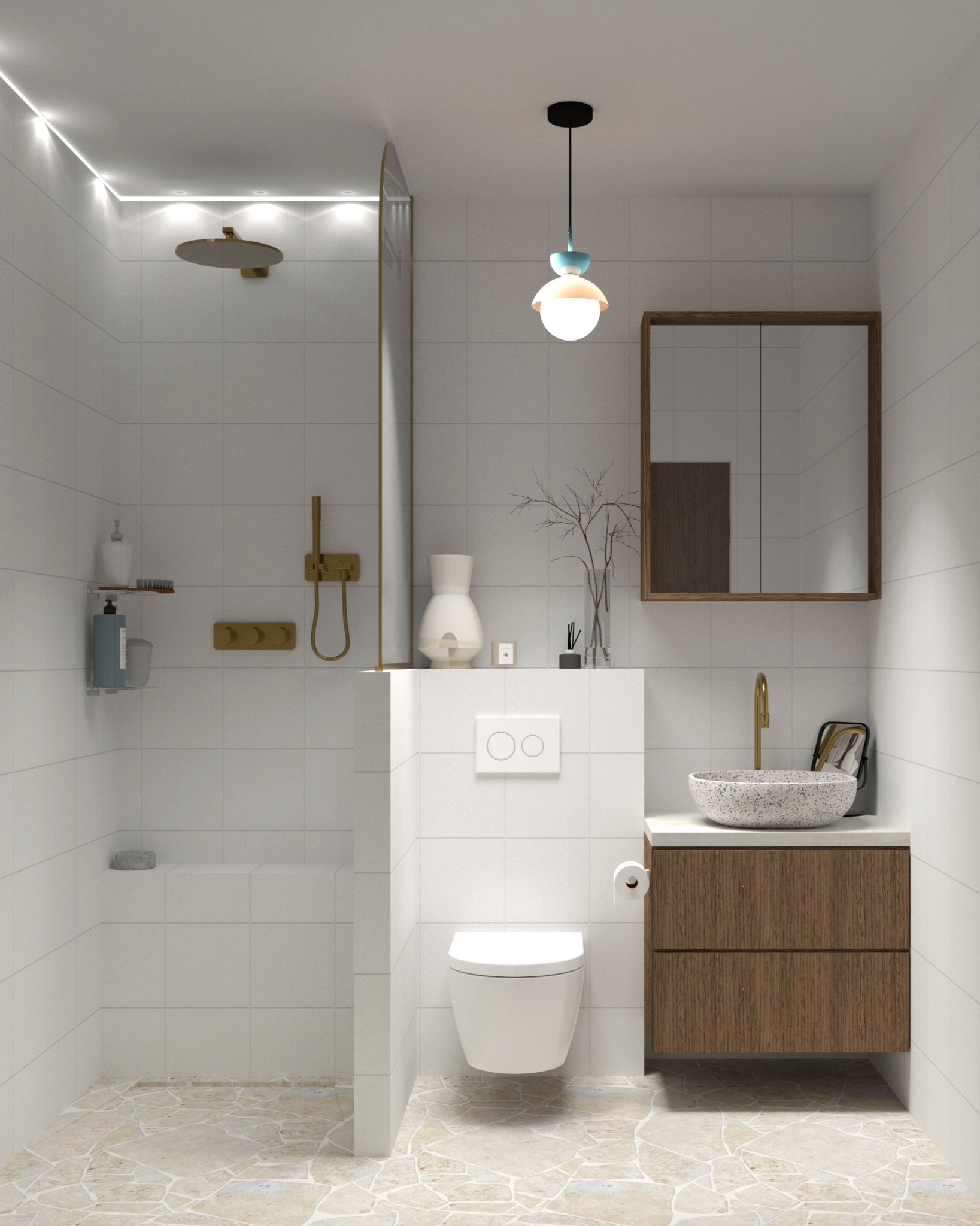 Nowoczesna łazienka z kabiną prysznicową typu walk-in, umywalką z terazzo i szafką z drewnianym fornirem. Minimalistyczny design, białe płytki i beżowa podłoga.