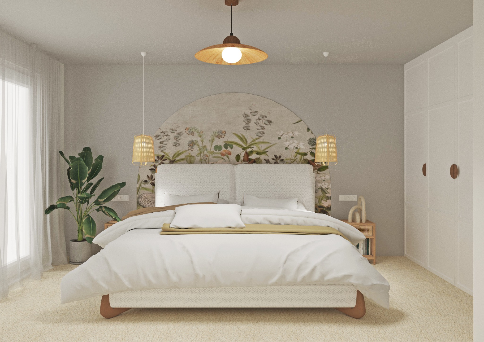 Jasna sypialnia z łóżkiem, szafą i roślinami. Nad łóżkiem dekoracyjny panel z motywem roślinnym. Lampy wiszące dodają przytulności. Aranżacja wnętrza w stylu boho.