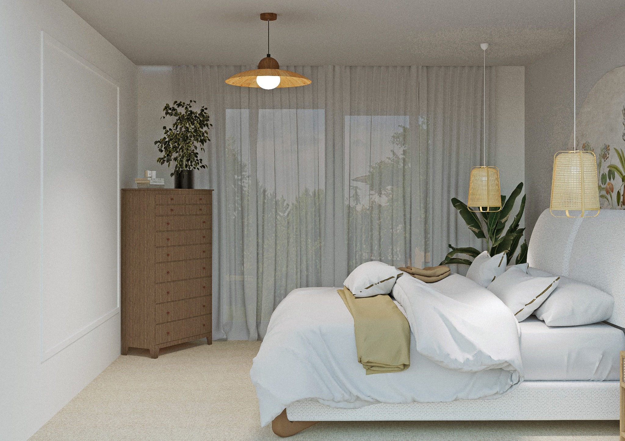 Jasna sypialnia w stylu boho: komoda, łóżko z białą pościelą, rattanowe lampy i zasłony. Roślina w doniczce dodaje naturalnego akcentu.