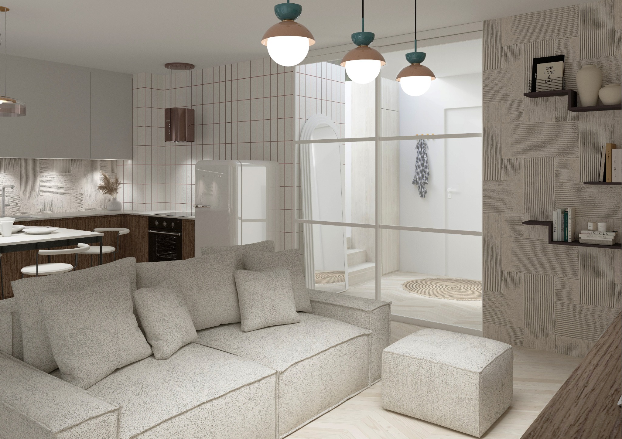 Jasne wnętrze z otwartą kuchnią i salonem. W tle biała lodówka Smeg, nowoczesne oświetlenie i dekoracyjne ściany z fakturą. Wnętrze w neutralnej kolorystyce.