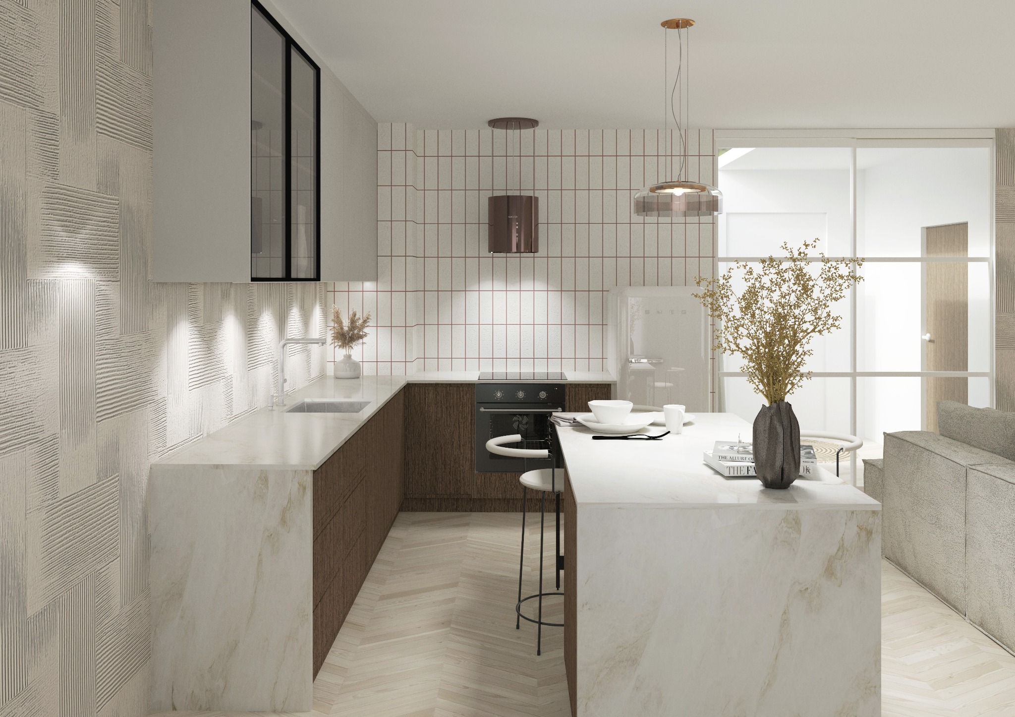 Nowoczesna kuchnia z wyspą, białe blaty z marmurowym wzorem, drewniane szafki, białe płytki na ścianie z brązową fugą i parkiet w jodełkę. Minimalistyczny design.