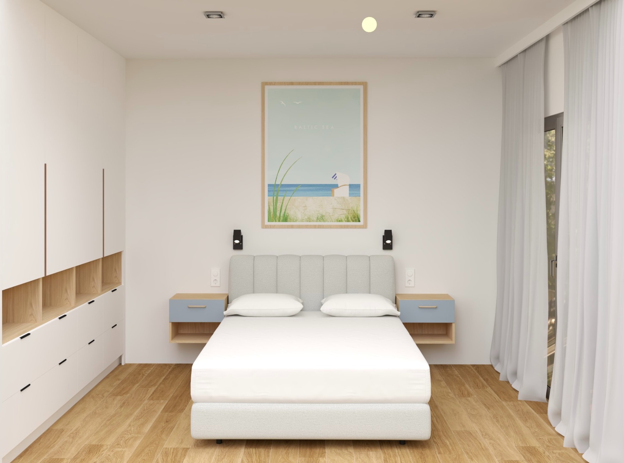 Jasna sypialnia w neutralnych barwach: łóżko z szarą tapicerką, biała pościel, szafki nocne z niebieskimi szufladami i minimalistyczna grafika 'Baltic Sea' nad łóżkiem.