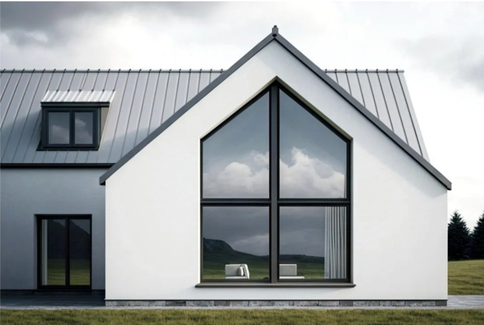 Nowoczesny dom modułowy z dużym trójkątnym oknem, szara blacha na dachu, minimalistyczny design i widok na górzysty krajobraz odbity w szybach.