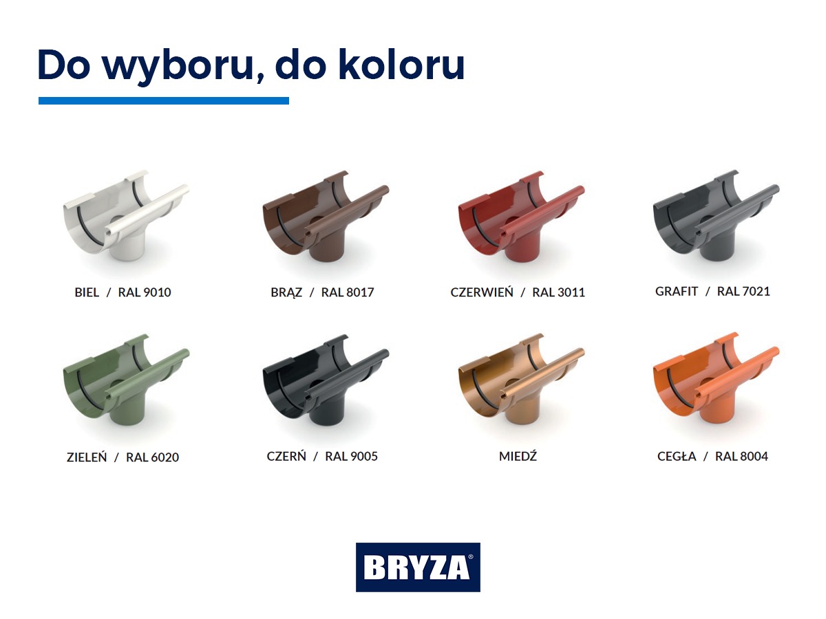 Paleta kolorów rynien Bryza, prezentująca odcienie bieli, brązu, czerwieni, grafitu, zieleni, czerni, miedzi i cegły wraz z kodami RAL.