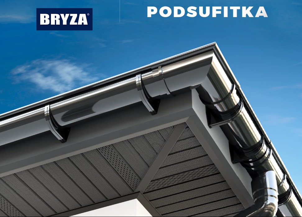 Czarne, błyszczące rynny zamontowane na szarej podbitce dachowej, widok z dołu na tle błękitnego nieba.