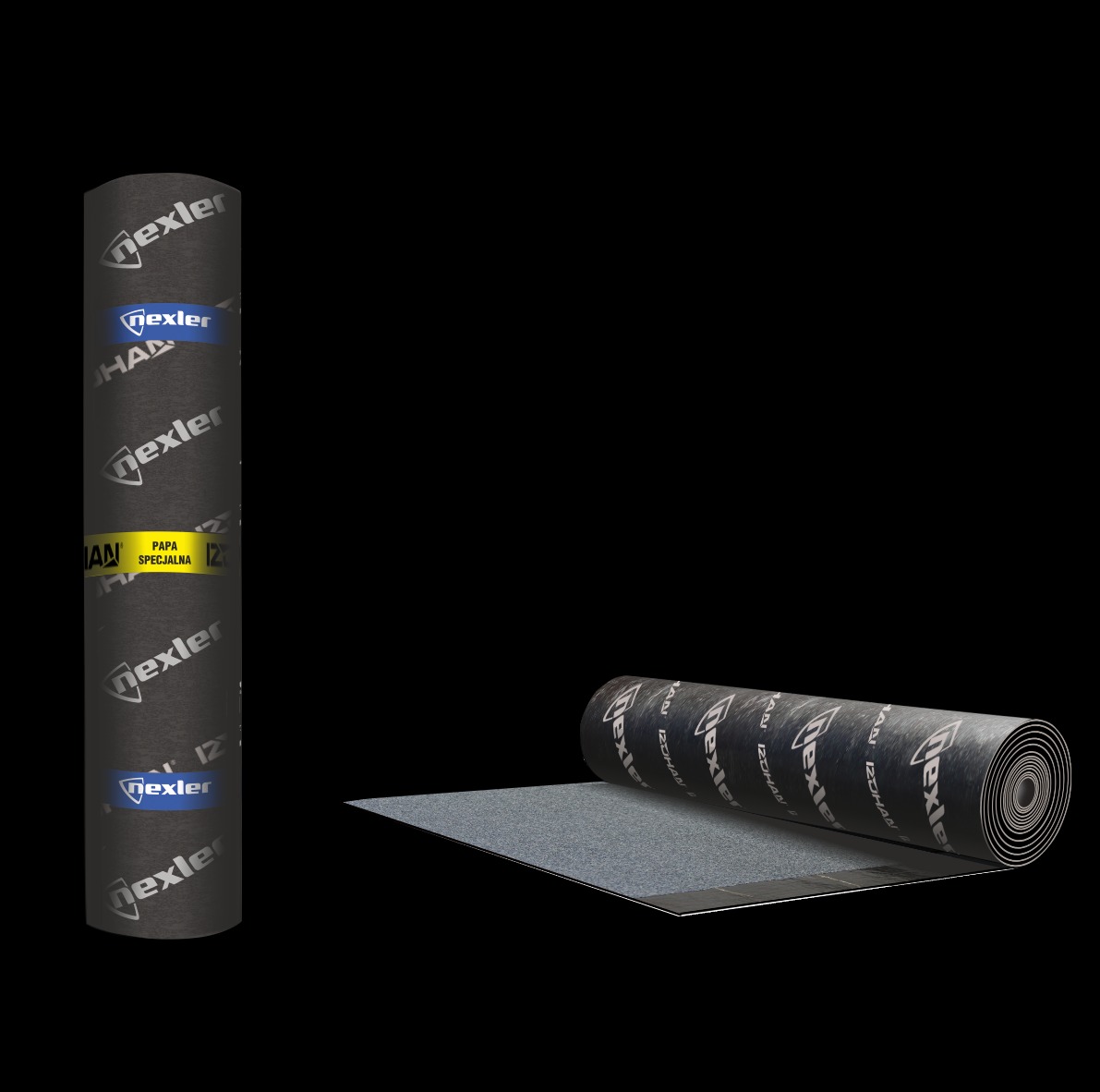 Dwa rolki papy dachowej Nexler na czarnym tle, jedna w pionie, druga rozwinięta z widoczną strukturą.