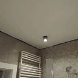 Szary, matowy grzejnik drabinkowy w łazience z mozaikowymi płytkami, widoczna kabina prysznicowa z szarą ramą i okrągła lampa sufitowa