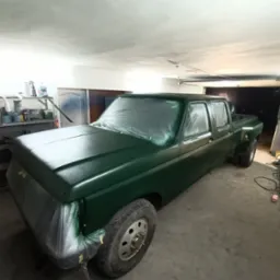 Pick-up w trakcie lakierowania na ciemnozielony kolor, zabezpieczony folią i taśmą malarską, widoczne półki z farbami w tle warsztatu.