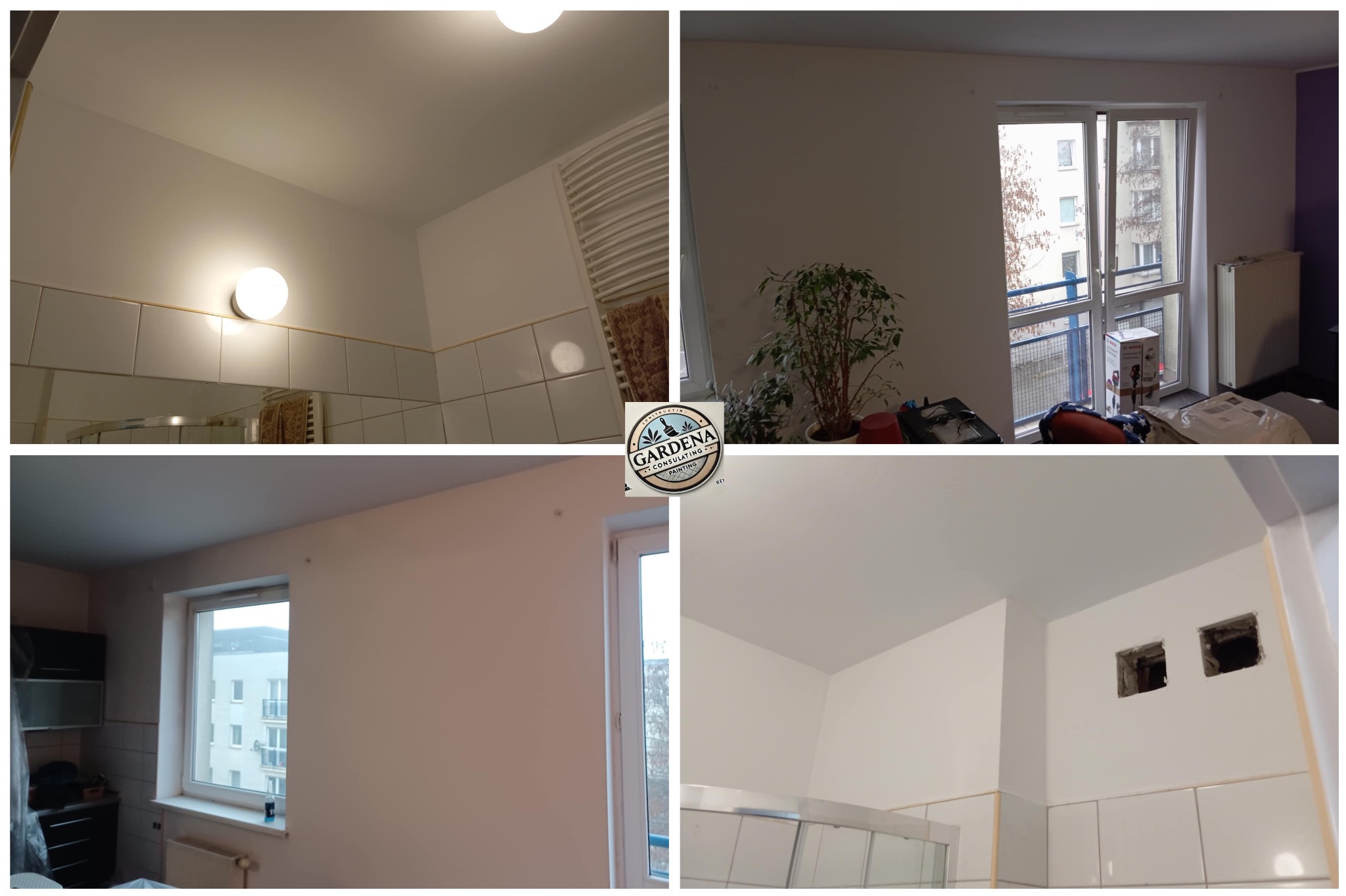 Cztery kadry z remontowanego mieszkania: odświeżone, pomalowane na biało ściany, widoczne okna, grzejniki, płytki w łazience oraz logo firmy remontowej. W jednym z kadrów widoczne otwory w ścianie...