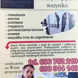Ulotka firmy sprzątającej Pat Cleaning z logo, numerami telefonów i informacjami o ofercie obejmującej mieszkania, piwnice, poddasza, magazyny, pomieszczenia biurowe i posesje. Na ulotce widoczne...
