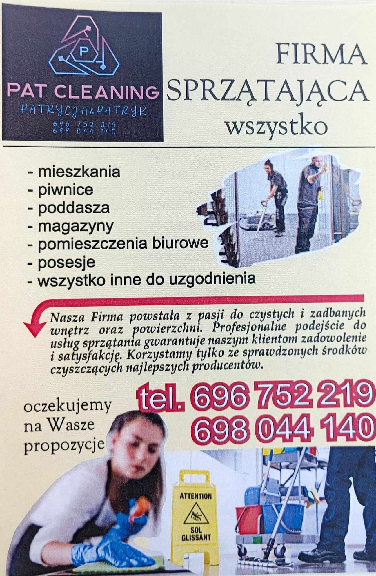 Ulotka firmy sprzątającej Pat Cleaning z logo, numerami telefonów i informacjami o ofercie obejmującej mieszkania, piwnice, poddasza, magazyny, pomieszczenia biurowe i posesje. Na ulotce widoczne...