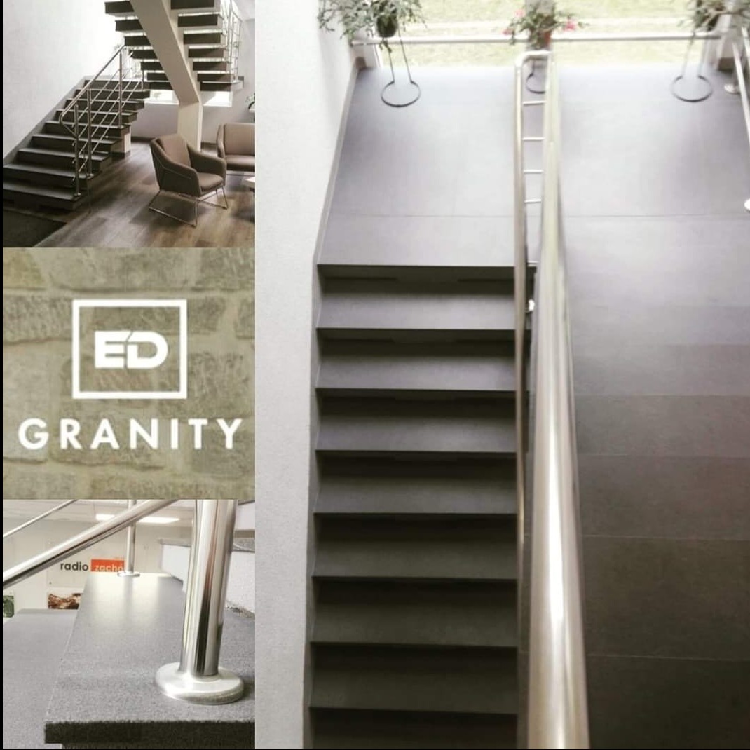 Kolaż prezentujący fragmenty realizacji schodów z szarego kamienia z metalową balustradą, widok z góry i z boku, oraz logo firmy ED GRANITY na tle kamiennej ściany.