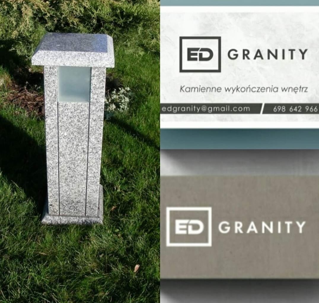 Granitowa lampa ogrodowa z logo firmy ED Granity i danymi kontaktowymi na wizytówce.