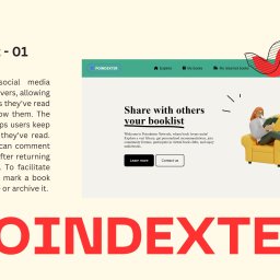 Bartosz Ziółkowski - strony internetowe, SEO, grafika - Projekt strony internetowej Poindexter, platformy społecznościowej dla miłośników książek, z ilustracją osoby czytającej książkę na żółtym fotelu.