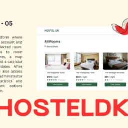 Interfejs strony internetowej rezerwacji hosteli w Kawęczynie, prezentujący listę pokoi z cenami i ocenami użytkowników.