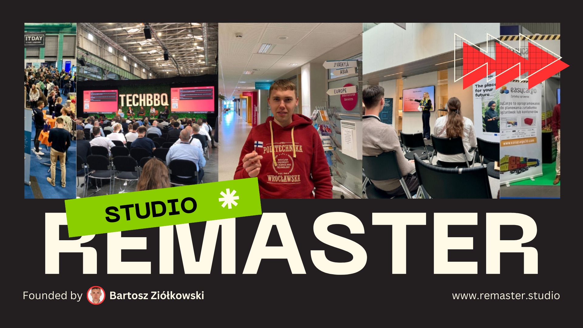 Mozaika zdjęć z konferencji i wydarzeń branżowych, w tym prezentacja na scenie i portret mężczyzny w bluzie Politechniki Wrocławskiej, na tle logo studia Remaster.