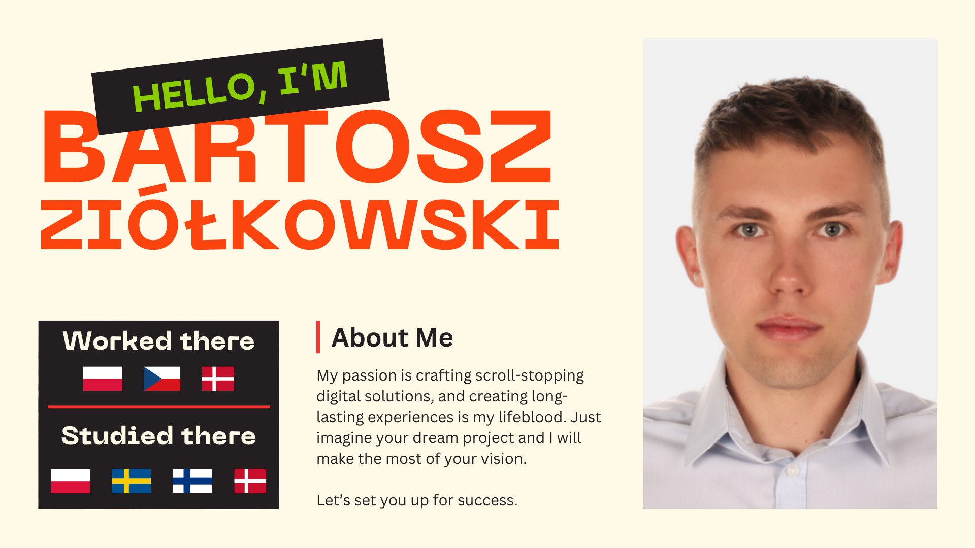 Portret Bartosza Ziółkowskiego, z informacją o miejscach pracy (Polska, Czechy, Dania) i studiów (Polska, Szwecja, Finlandia, Dania) oraz krótkim tekstem 'About Me' o tworzeniu angażujących...