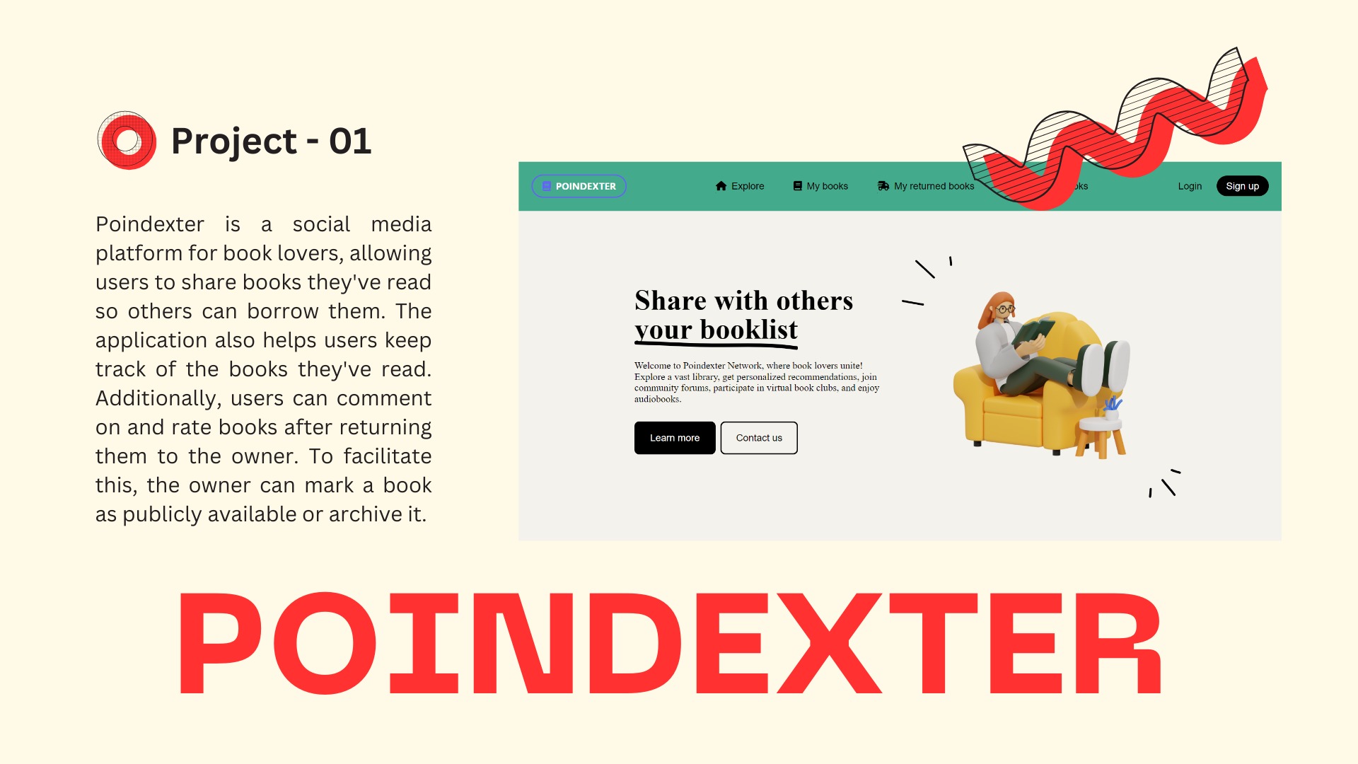 Projekt strony internetowej Poindexter, platformy społecznościowej dla miłośników książek, z ilustracją osoby czytającej książkę na żółtym fotelu.