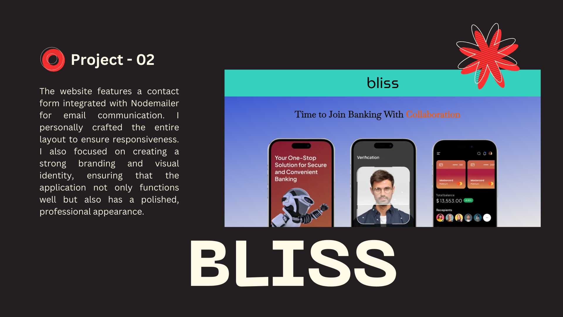 Grafika prezentująca interfejs aplikacji mobilnej do bankowości z hasłem 'Time to Join Banking With Collaboration', ukazująca ekrany logowania, weryfikacji tożsamości i stanu konta, obok tekstu...