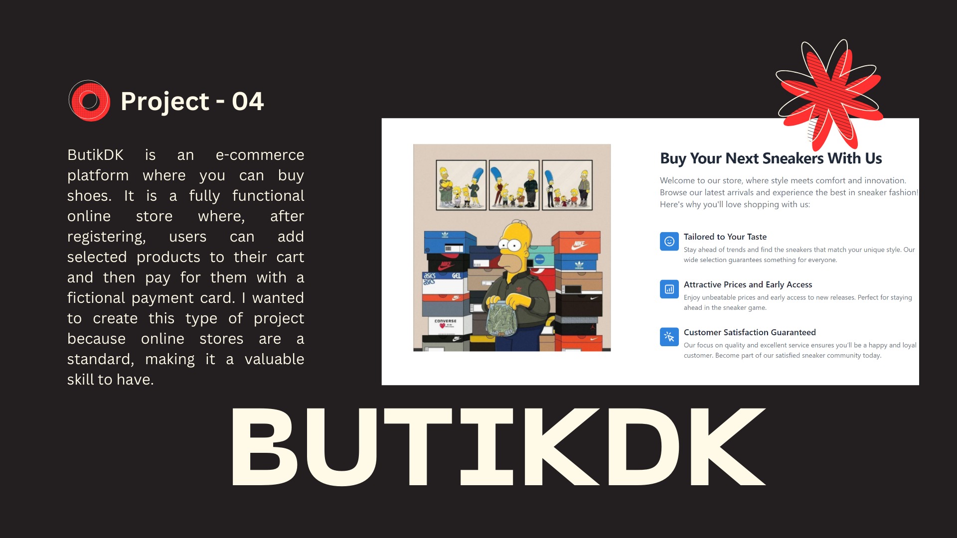 Projekt strony internetowej ButikDK z grafiką Homera Simpsona i stertą pudełek po butach, prezentujący e-commerce platformę do zakupu obuwia.