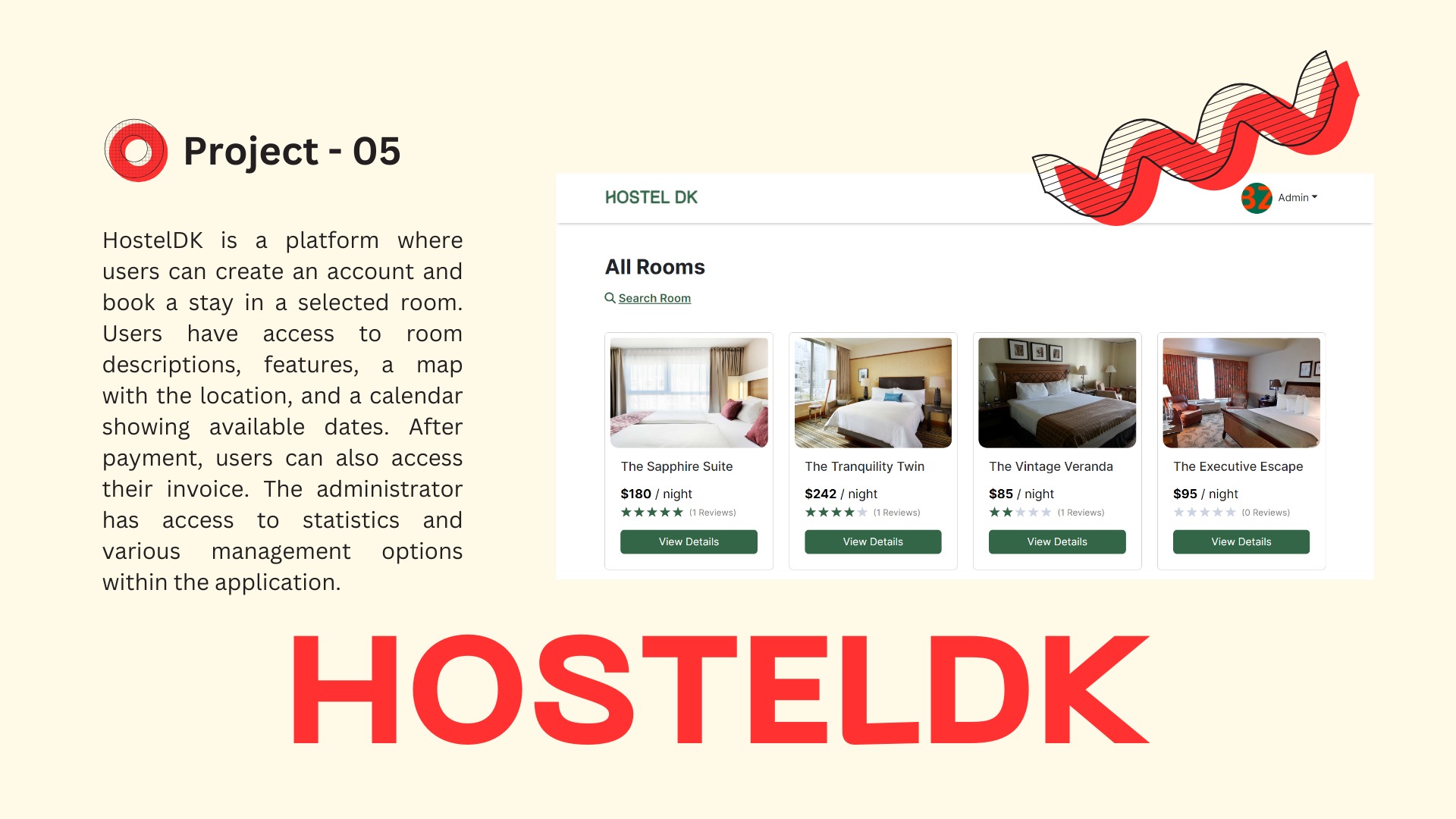 Interfejs strony internetowej rezerwacji hosteli w Kawęczynie, prezentujący listę pokoi z cenami i ocenami użytkowników.