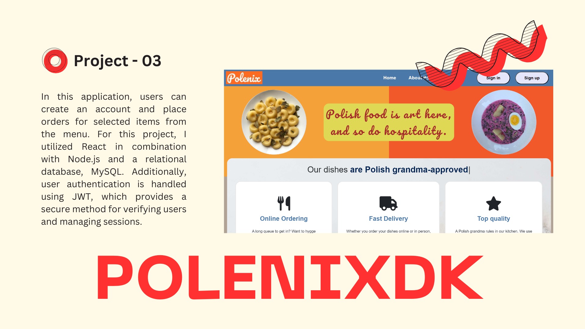 Projekt strony internetowej restauracji z polskim jedzeniem, prezentujący menu i opcje zamawiania online, z hasłem 'Polish food is art here, and so do hospitality'.