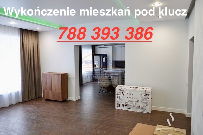 Wnętrze mieszkania po remoncie z widoczną szafką z ciemnego drewna, podwieszanym sufitem z oświetleniem LED, oraz pudełkiem po telewizorze Samsung. W tle widoczna kuchnia z czarną lodówką.