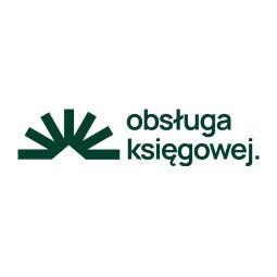Logo firmy z zielonym symbolem rozchodzących się promieni i napisem 'obsługa księgowa' po prawej stronie, na białym tle.
