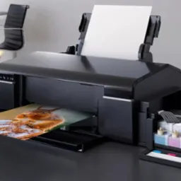 Uzupełnianie tuszu w drukarce atramentowej, obok butelki z tuszem i wydrukowane zdjęcie wiewiórki.