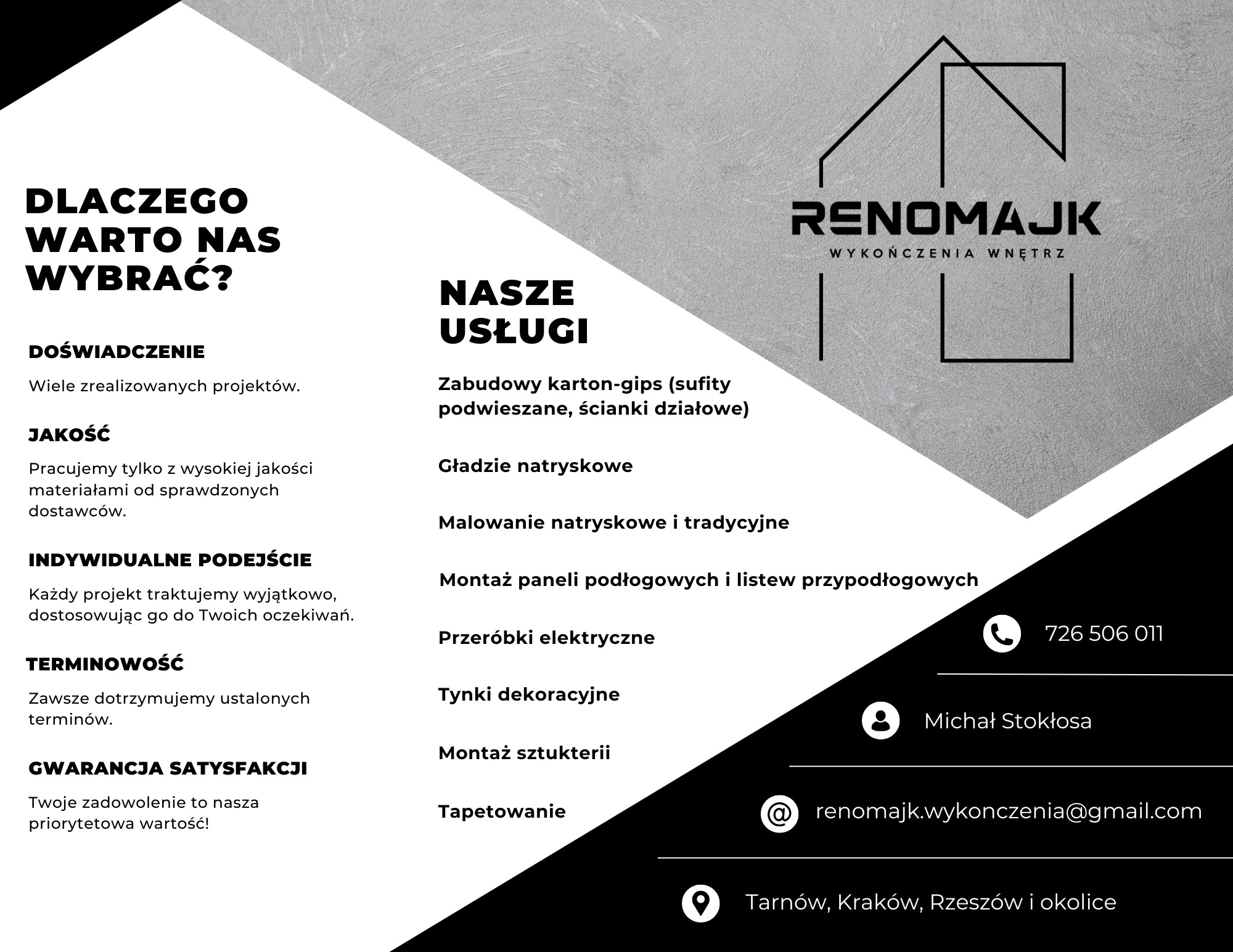 Grafika reklamowa firmy Renomajk Wykończenia Wnętrz, prezentująca listę oferowanych usług takich jak zabudowy karton-gips, gładzie natryskowe, malowanie, montaż paneli, przeróbki elektryczne, tynki...